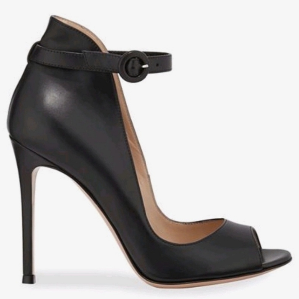 GIANVITO ROSSI Heels Pumps Peep Toe Stiletto Black Ankle Strap Vamp Size 41 NWT